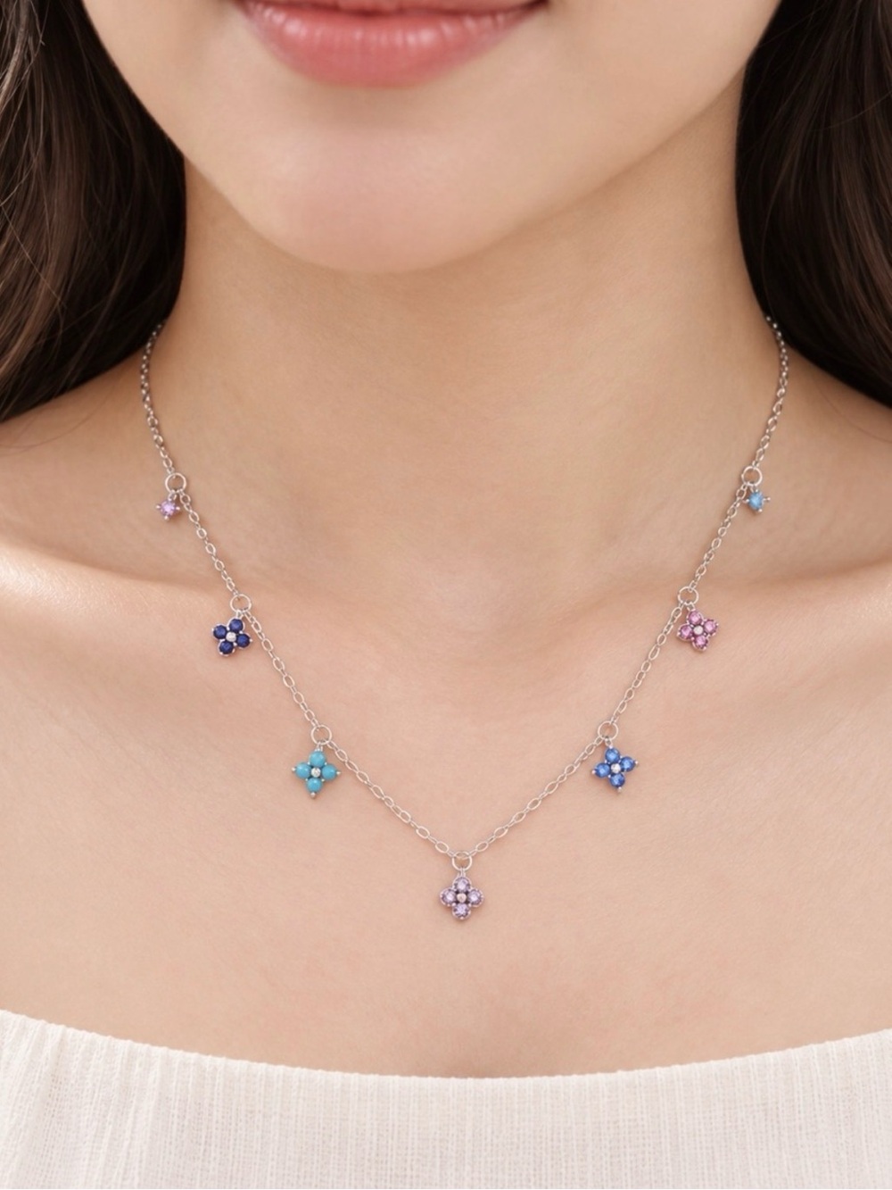Necklaces! Sterling Silver Multicolor Flower Charm Necklace - Purple & Blue